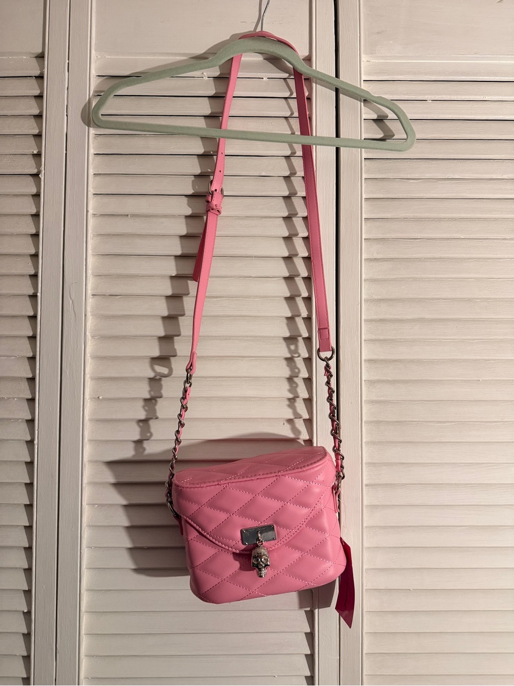 Betsey Johnson Pink Quilted Crossbody Bag with Skull Charm